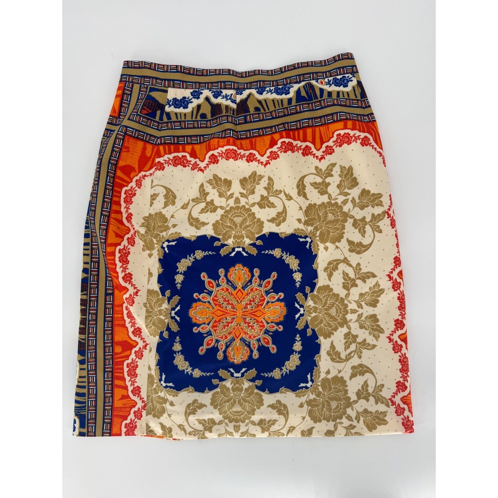 ANTONIO MELANI Geometric Floral Print Midi Skirt Women Size 4 Blue Orange Cream